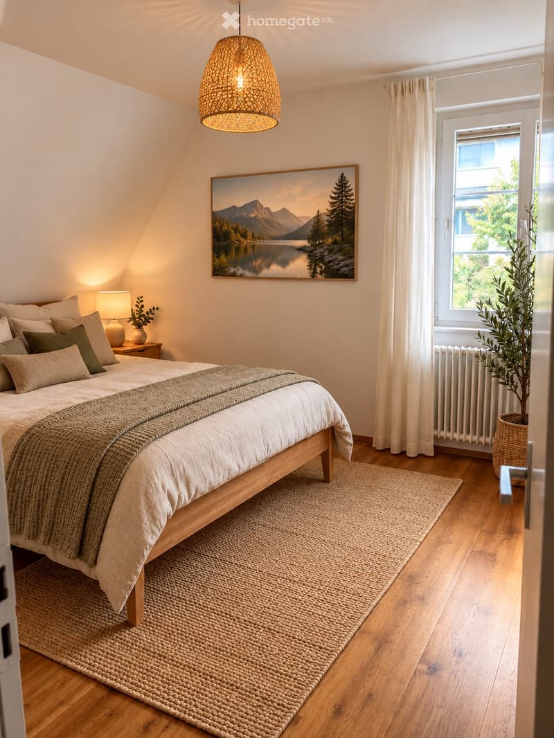 Cozy bedroom with a wooden bed, nightstand, lamp, and a large window with white curtains. A woven rug is on the floor, and a potted plant sits near the window.