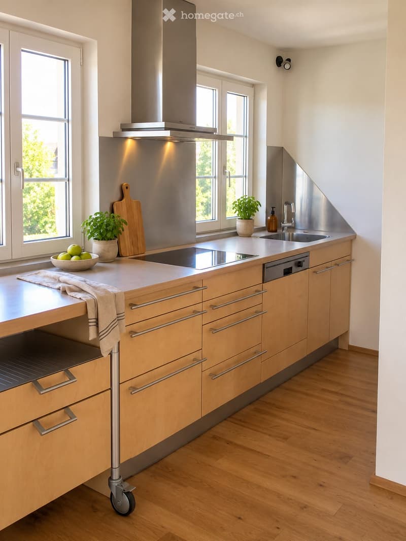 Modern kitchen with light wooden cabinets, stainless steel appliances, and a central island. Features include a stove, sink, dishwasher, and various kitchen accessories.