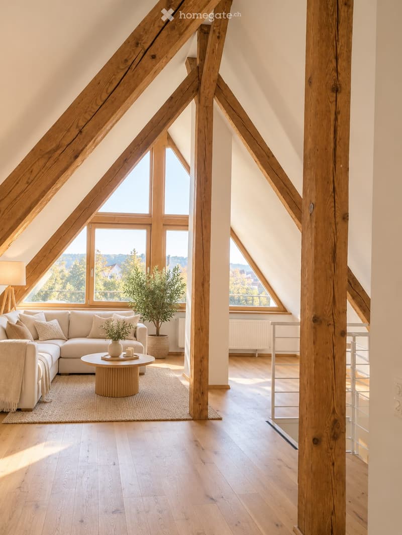 Bright living room with wooden beams, large windows, light-colored sofa, coffee table, and floor lamp.