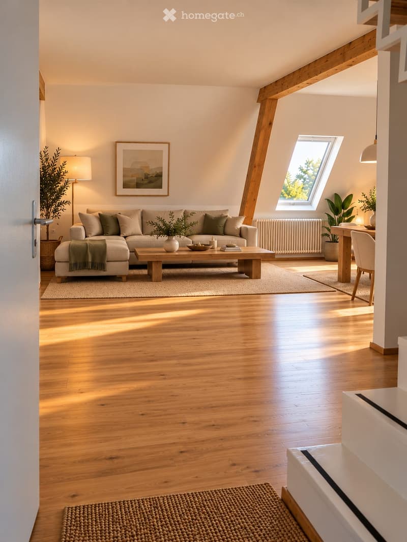 Bright living room with wooden floors, large window, sofa, coffee table, dining area, and decorative plants.