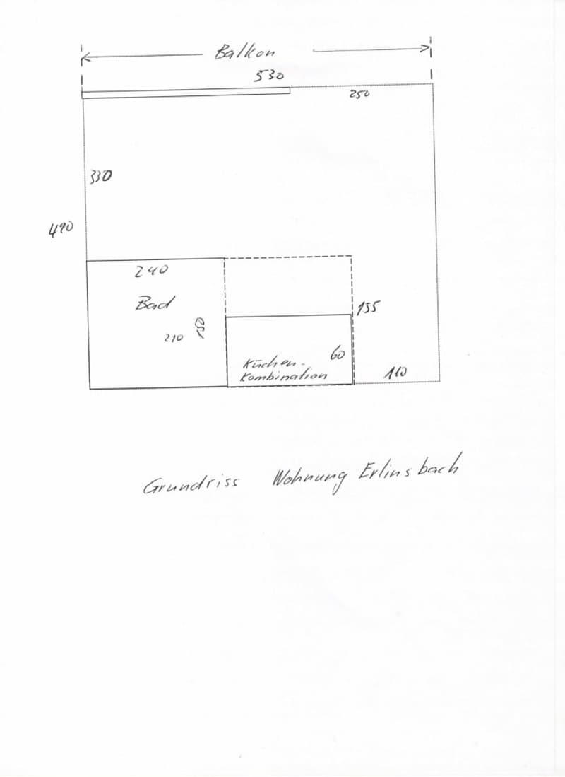 Floor plan showing a bedroom, kitchen combination, and balcony.