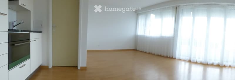 Empty room with wooden flooring, white walls, large windows with white curtains, and a small kitchen area with cabinets and a sink.