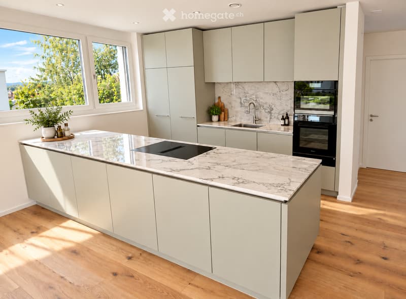 Modern kitchen with light grey cabinets, marble countertop, induction cooktop, sink, and built-in oven. Features a potted plant and decorative items on the counter.
