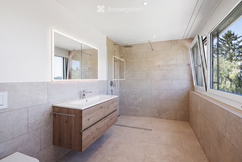 Modern bathroom with a large mirror, wooden vanity with sink and faucet, and a walk-in shower with glass enclosure and modern showerhead.