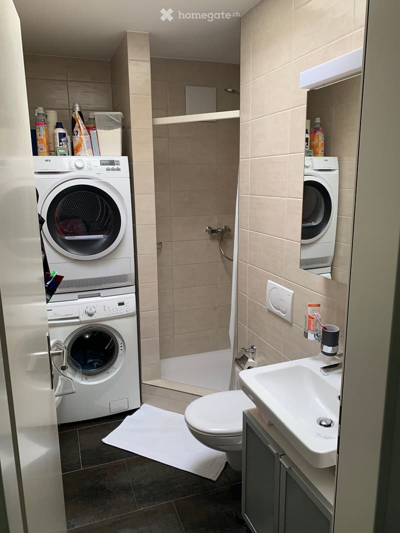 Modern bathroom with a sink, toilet, washing machine, and a small cabinet. Beige tiles and a white rug are visible.