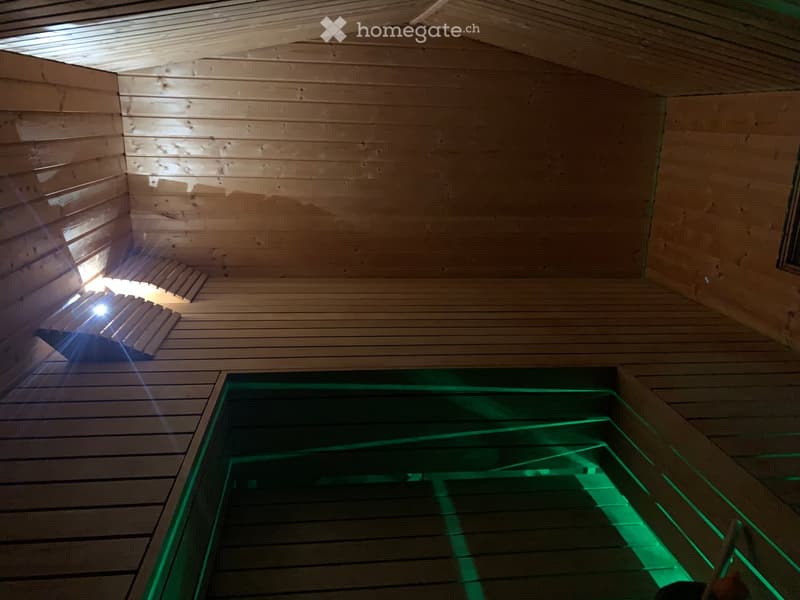 Wooden sauna with a glass floor, illuminated by green lighting, and wooden benches along the walls.