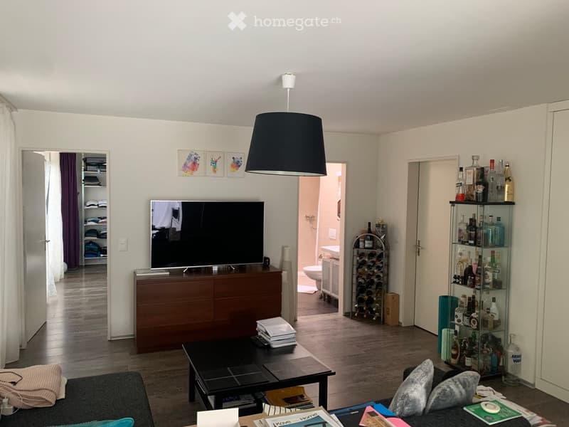 Modern living room with a dark wooden coffee table, a black sofa, a TV on a wooden stand, a wine rack, and a shelf with bottles. The room features a hanging lamp, a curtain, and a view into a bathroom.