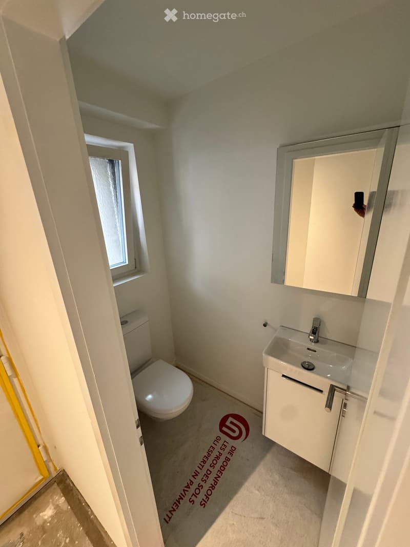 Small bathroom with a toilet, sink, and mirror. The walls are white, and the floor is tiled.