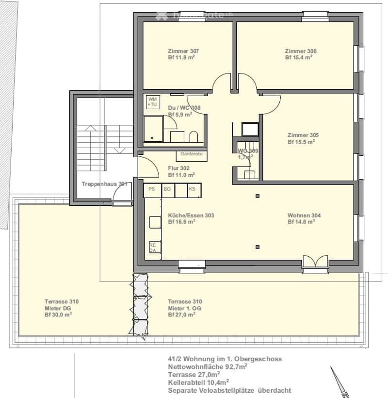 Floor plan of a 1st floor apartment with 4 bedrooms, 1 bathroom, living room, kitchen, and two terraces.