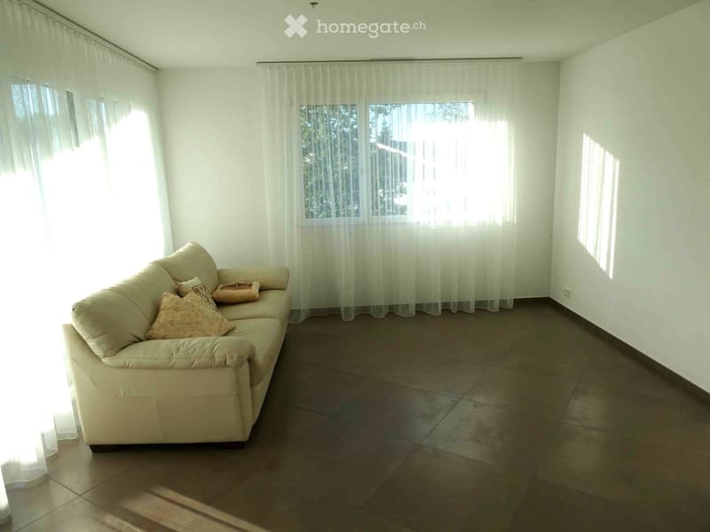 Living room with a beige sofa, decorative cushions, large windows with sheer curtains, and tiled flooring.