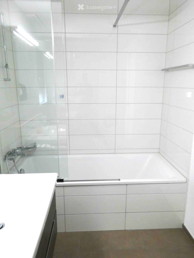 Modern bathroom with a white bathtub, a white sink, a glass-enclosed shower stall, and a tiled wall.