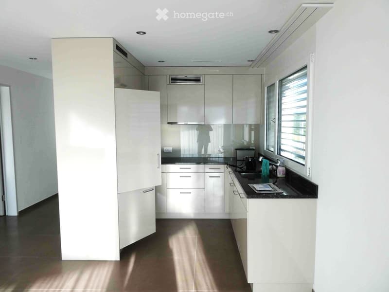 Modern kitchen with white cabinets, black countertop, and stainless steel sink.