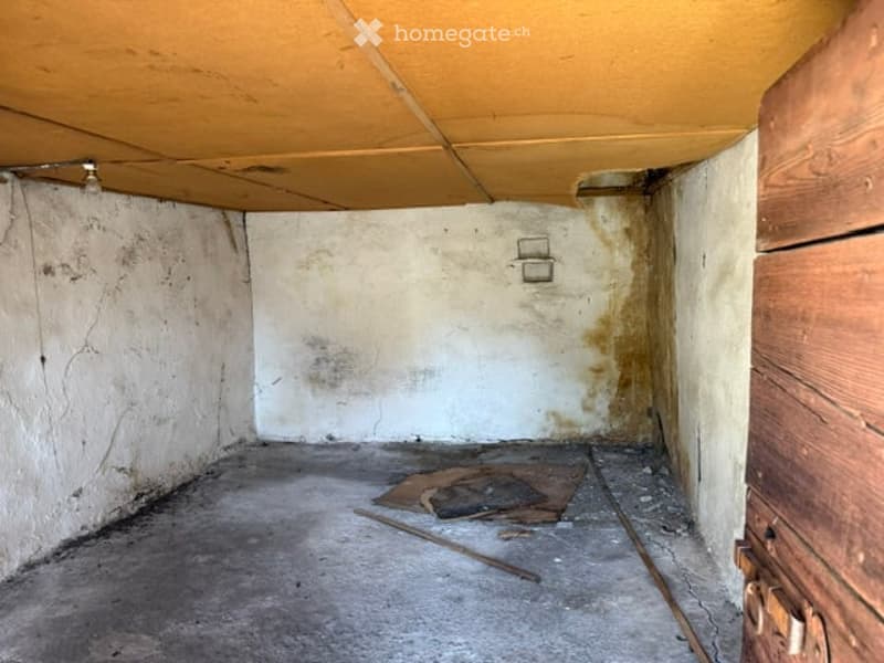 Empty room with bare concrete floor, white walls, and exposed wooden ceiling. No furniture or equipment present.