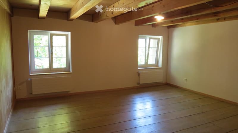 Empty room, hardwood floors, wooden beams, two windows, two radiators