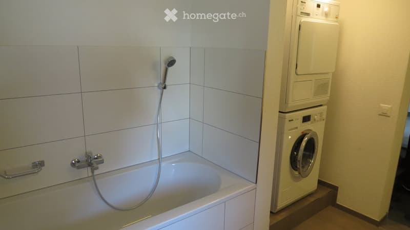White bathtub, showerhead, stacked washing machine and dryer, white cabinets