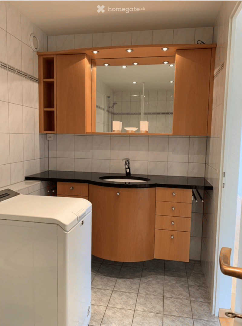 Modern bathroom with a black countertop sink, wooden cabinets, a large mirror with integrated lighting, and a white washing machine.