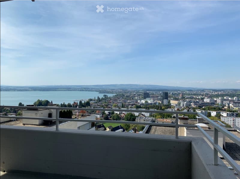 Balcony with metal railing overlooking a cityscape, lake, and distant hills under a clear sky.
