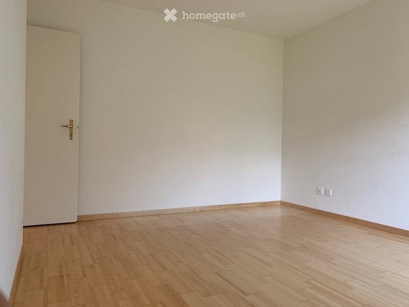Empty room with light wooden flooring and white walls, featuring a single door and electrical outlets.