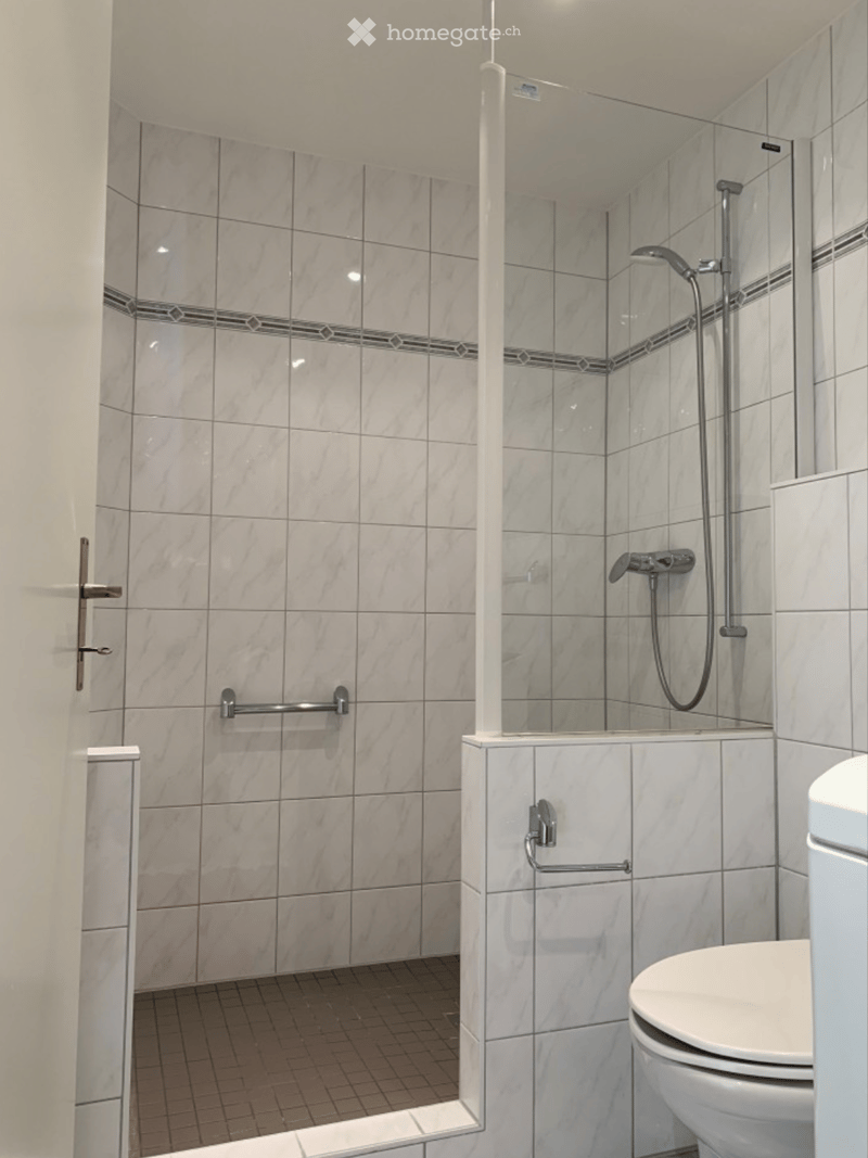 Modern bathroom with marble tiles, a walk-in shower, a toilet, and a glass shower enclosure.