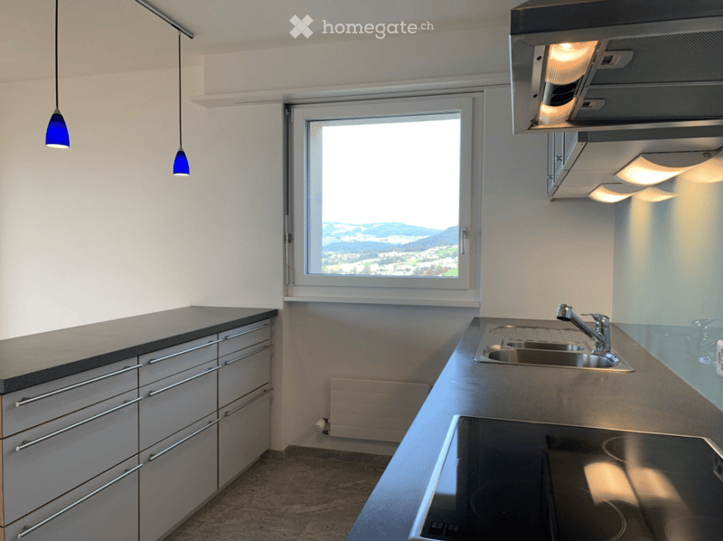 Modern kitchen with stainless steel sink, faucet, stove, and grey cabinets. Large window offers a scenic view.