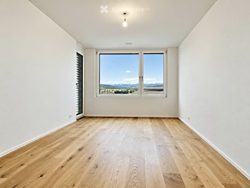 Empty room with light wooden flooring, white walls, large windows offering a scenic mountain view, and a single ceiling light fixture.