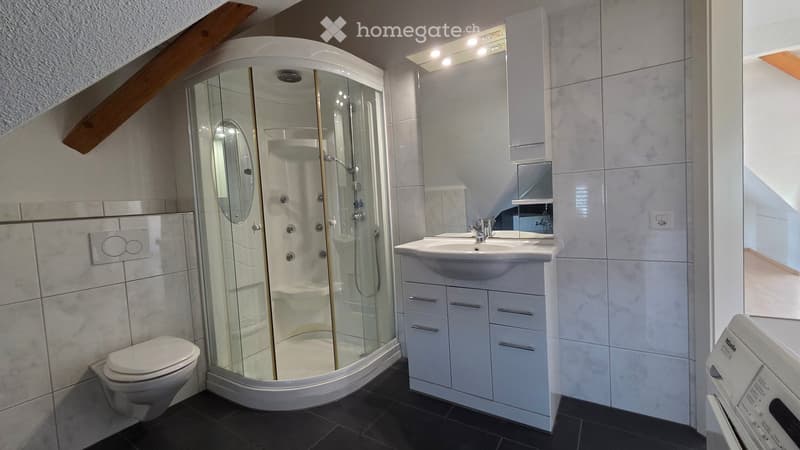 Modern bathroom with a glass-enclosed shower, toilet, sink with cabinet, and a mirror above the sink. The walls are tiled in a light marble pattern, and the floor is dark.