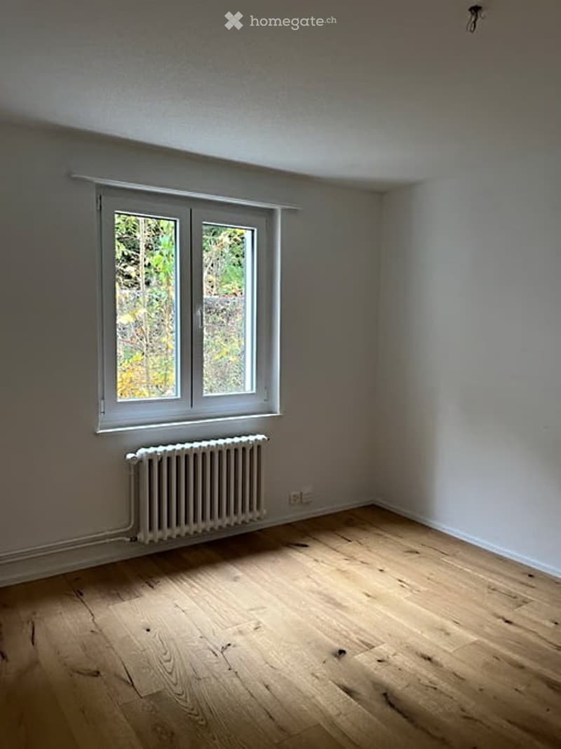 Empty room with wooden flooring, white walls, a single window with white frame, and a radiator below the window.