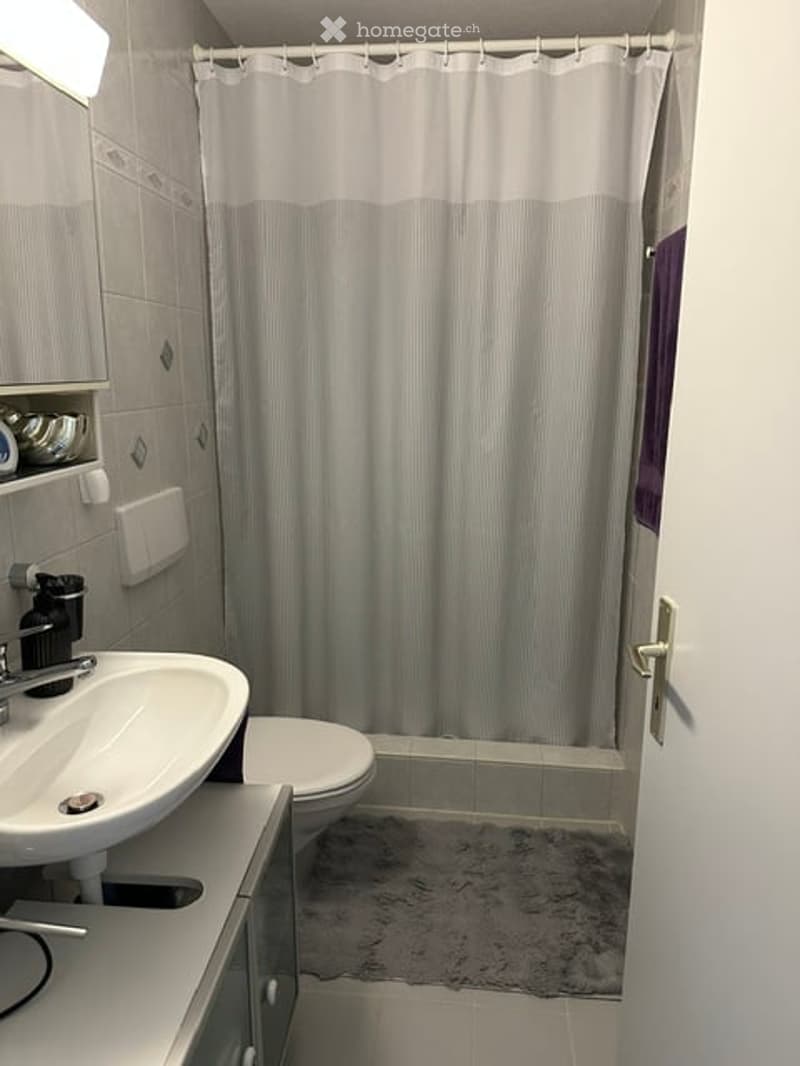 Modern bathroom with a white sink, toilet, and shower curtain. Features a mirror above the sink and a light fixture on the wall.