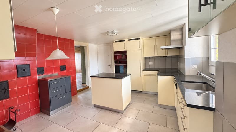Modern kitchen with light-colored cabinets, black countertops, stainless steel sink, and a red tiled accent wall.
