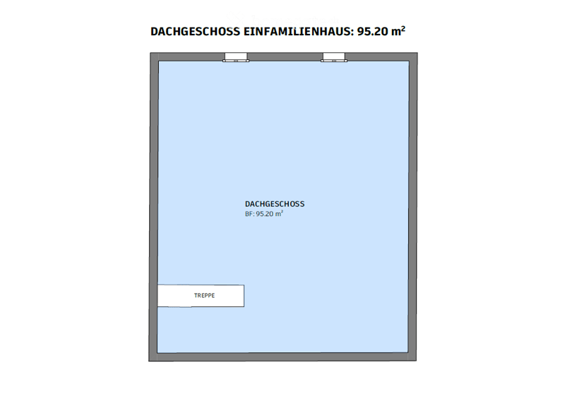 Floor plan of a roof level in a single-family house, showing a single room with a staircase leading down.