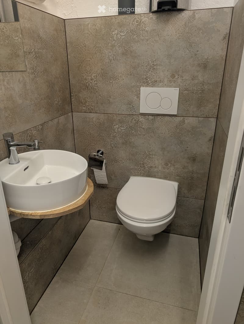 Modern bathroom with a white sink, chrome faucet, toilet, and decorative patterned tiles.