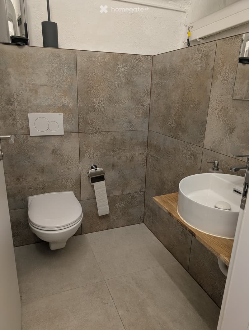 Modern bathroom with a toilet, sink, and mirror. The walls are tiled with a decorative pattern, and the floor is tiled in a neutral tone.
