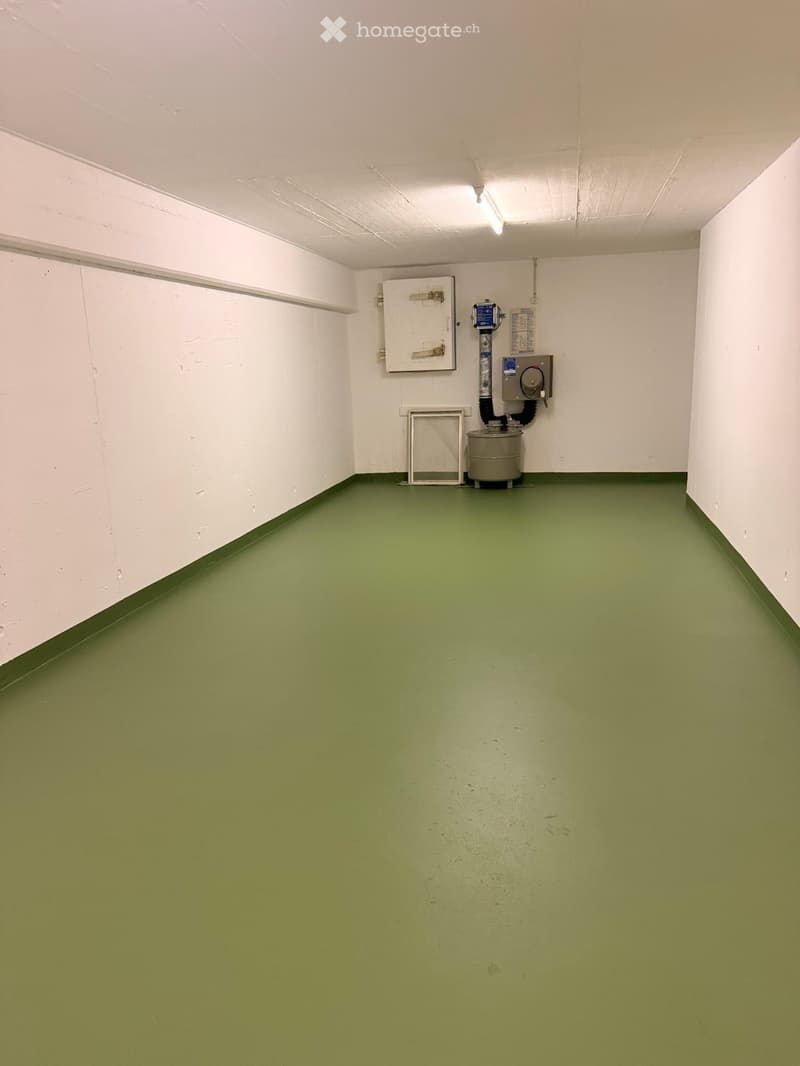 Empty room with green flooring and white walls, featuring a small utility area with a water tank, electrical panel, and a metal frame on the floor.
