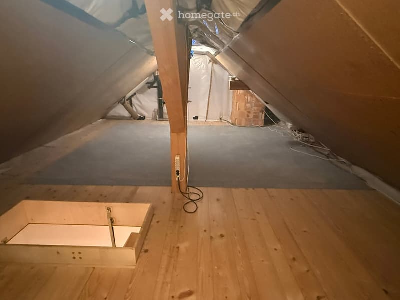 Empty attic space with wooden flooring, exposed wooden beams, and insulation visible on the walls and ceiling. There is a small opening in the floor leading to another area.