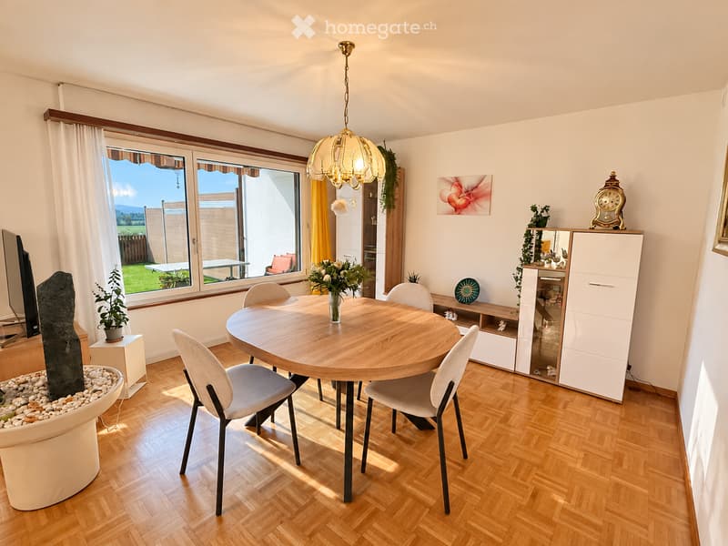 Bright dining area with a round wooden table surrounded by modern chairs, potted plants, a cabinet with glass doors, and a television on the left side. Large windows offer a view of a garden.