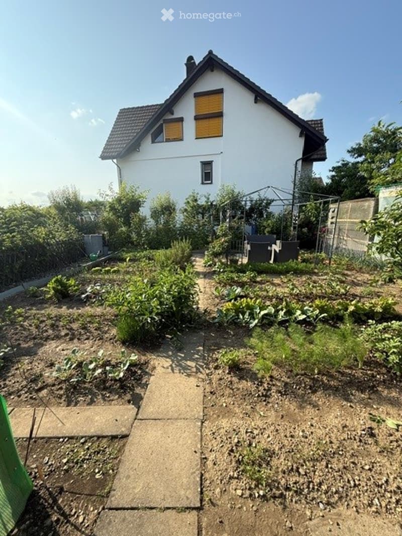 Garden area with raised beds, plants, and a pathway leading to a house with a pitched roof and yellow shutters.