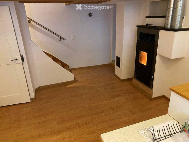 Spacious hallway with wooden flooring, white walls, a staircase with a metal railing, and a modern fireplace on the right side.
