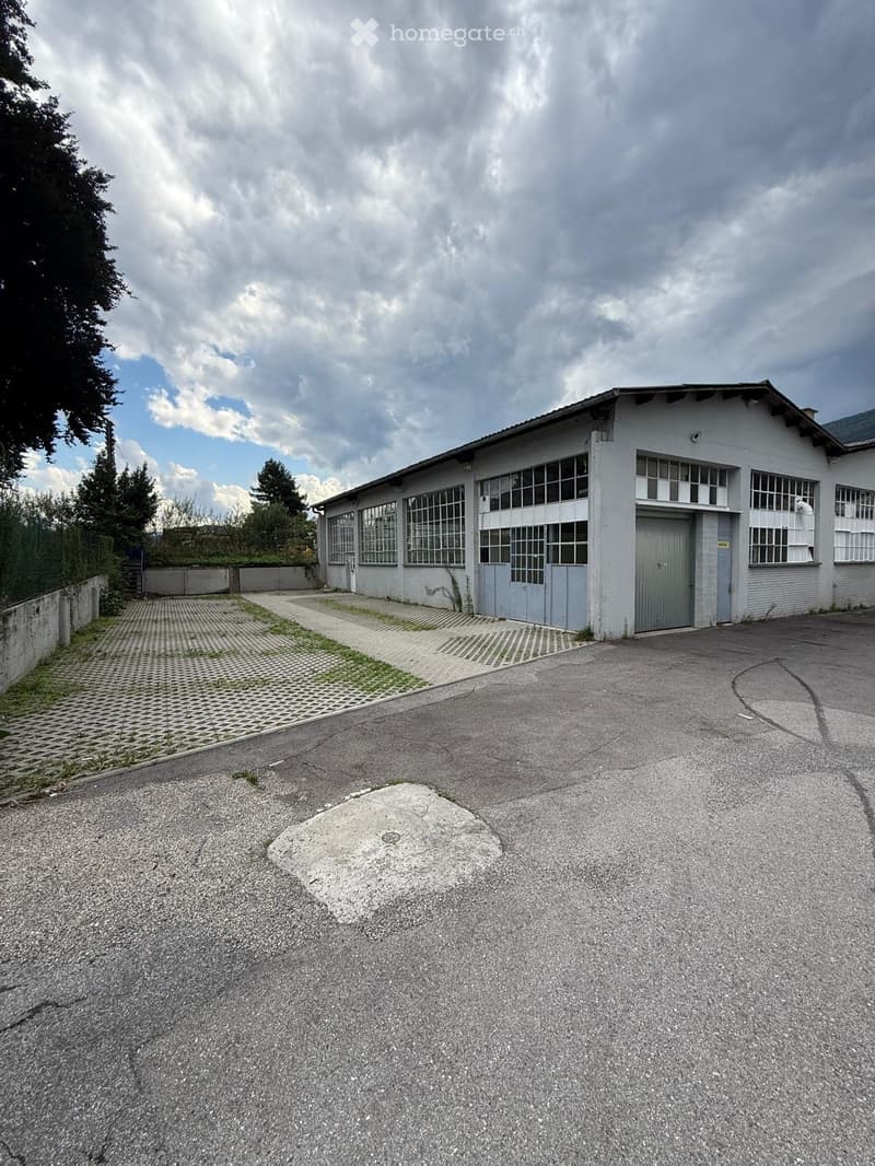 Single-story industrial-style building with large garage doors and multiple windows, surrounded by paved area and greenery.