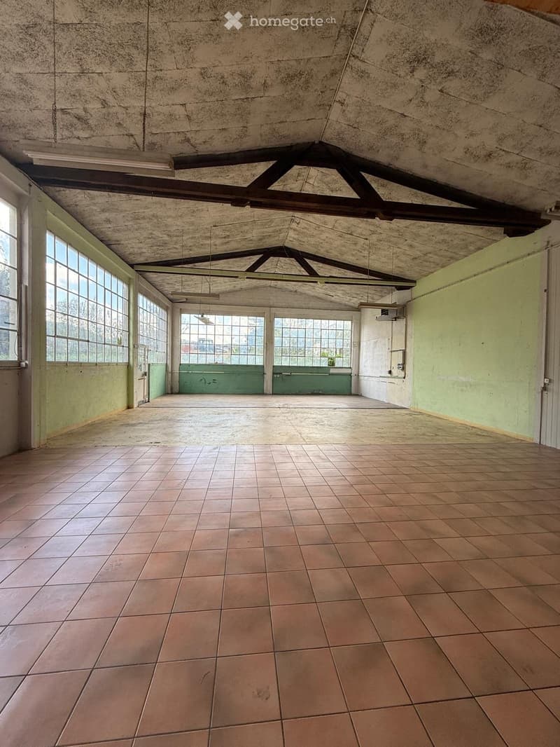 Empty room with tiled floor, large windows, exposed wooden beams on the ceiling, and green-painted back wall.