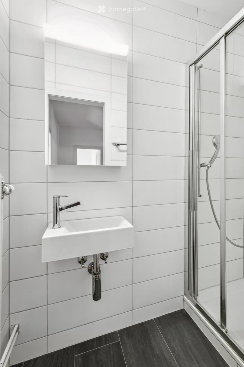 Modern bathroom with white tiled walls, a white sink with a chrome faucet, a mirror above the sink, and a glass-enclosed shower area with a chrome showerhead.