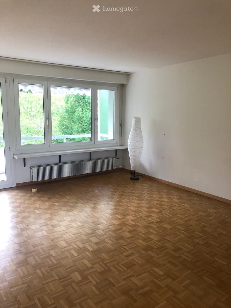 Empty room with wooden herringbone flooring, large windows with white frames, radiator, and a single white floor lamp.