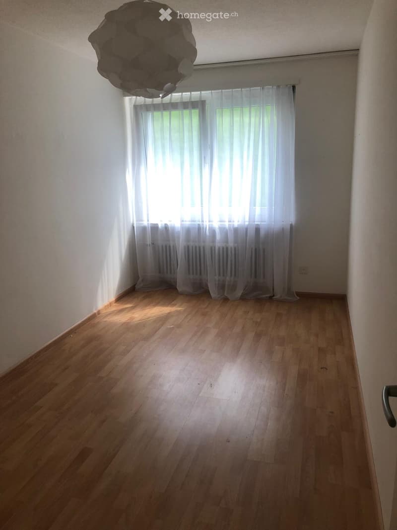 Empty room with wooden flooring, white walls, large window with sheer curtains, and a modern abstract light fixture on the ceiling.