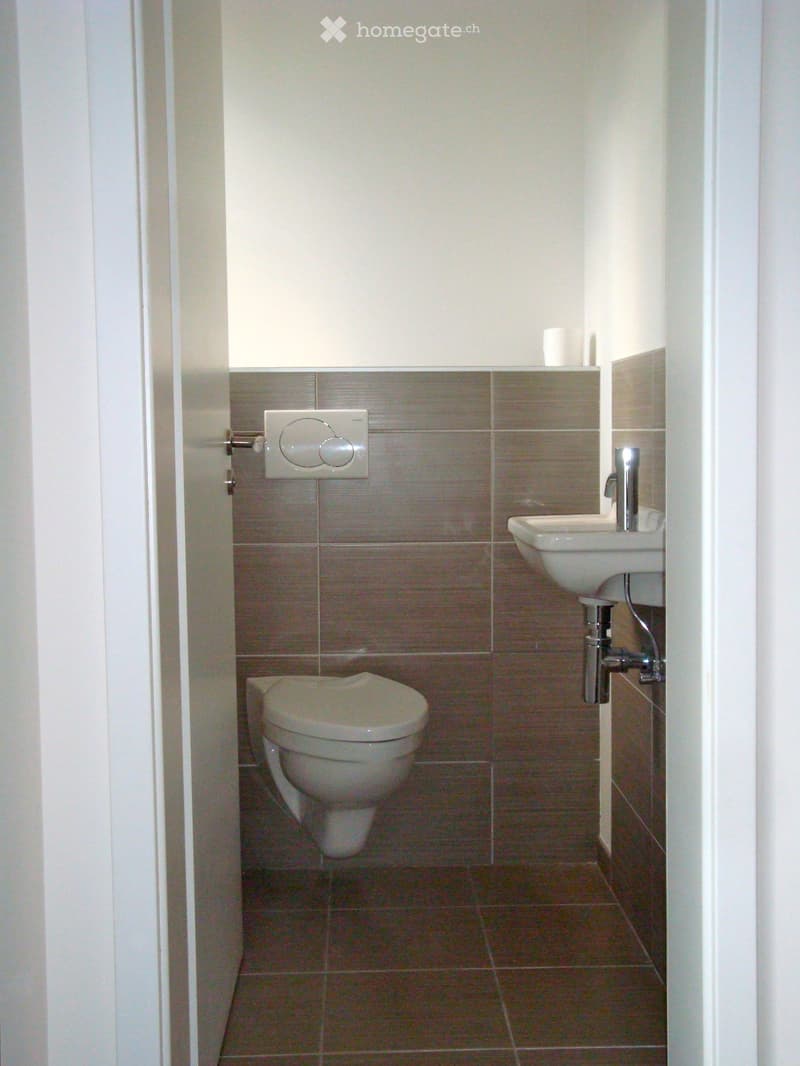 Small bathroom with a toilet, sink, and faucet. Brown tiled walls and floor, white fixtures.
