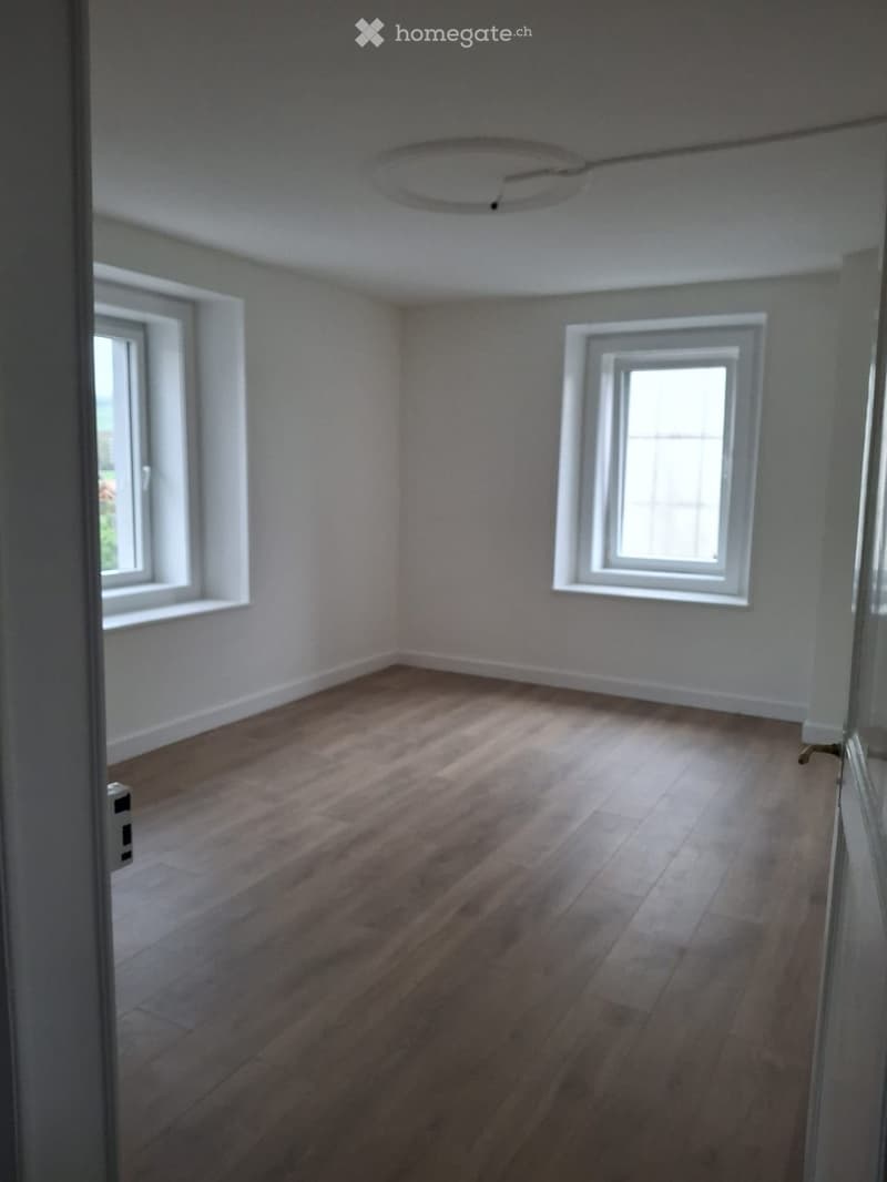 Empty room with wooden flooring, white walls, and two windows allowing natural light.