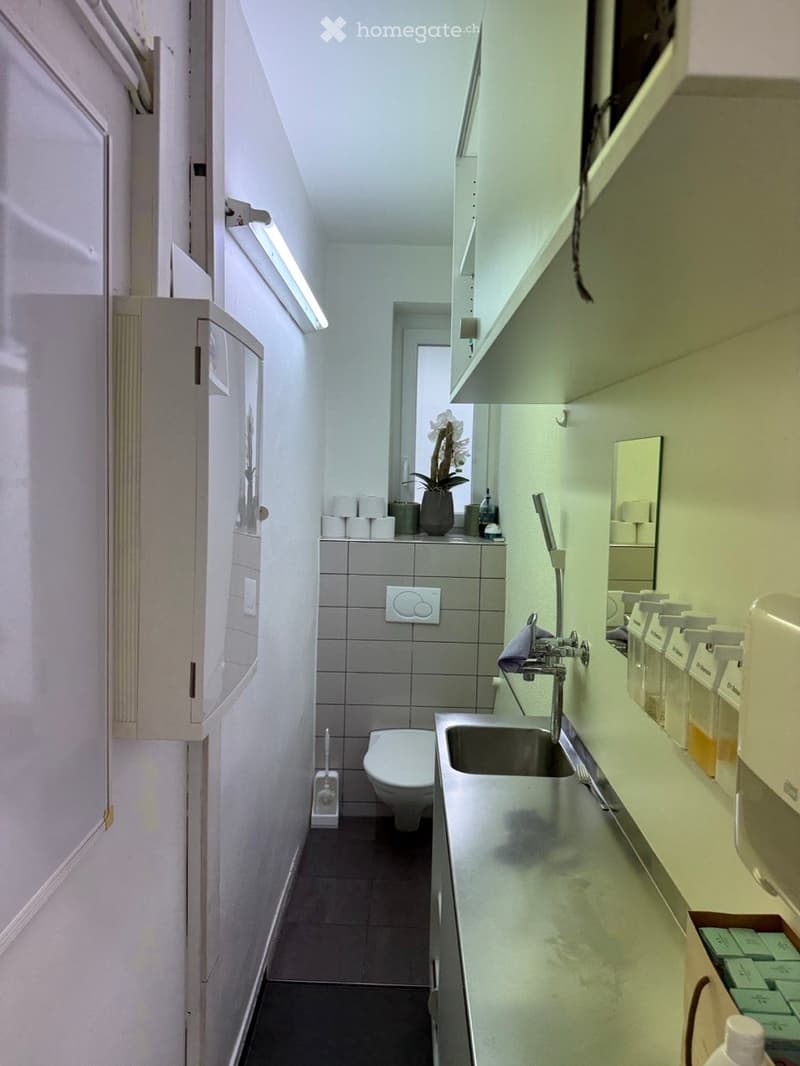 Modern bathroom with a sink, toilet, mirror, and a small vase with a flower on the counter. The space is well-lit with natural light from a window and has a sleek, contemporary design.