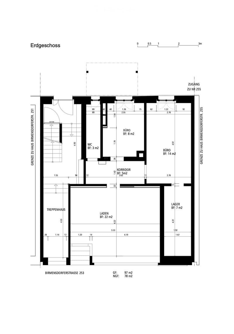 Ground floor layout showing a staircase, WC, two offices, a corridor, a shop, and a storage area.