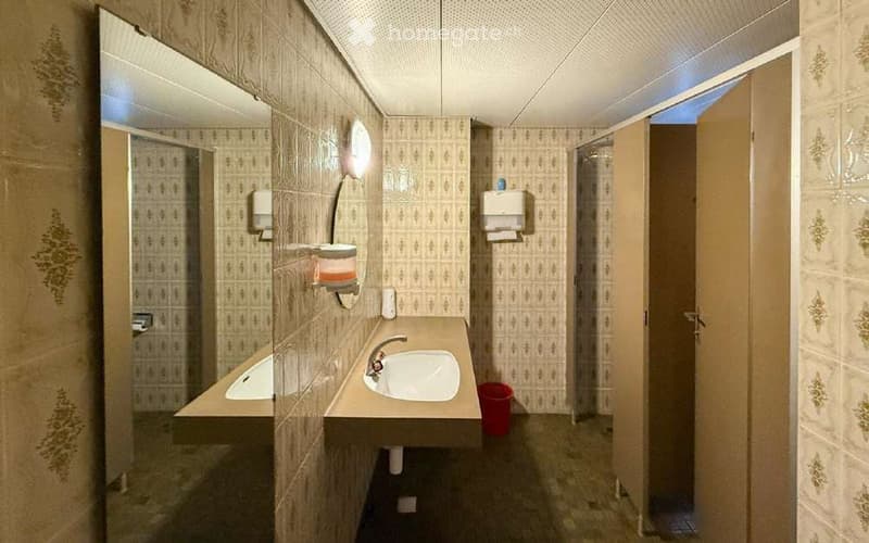 Public restroom with two sinks, mirrors, soap dispensers, and a shower stall. The walls are tiled with a patterned design, and the floor is made of dark tiles.