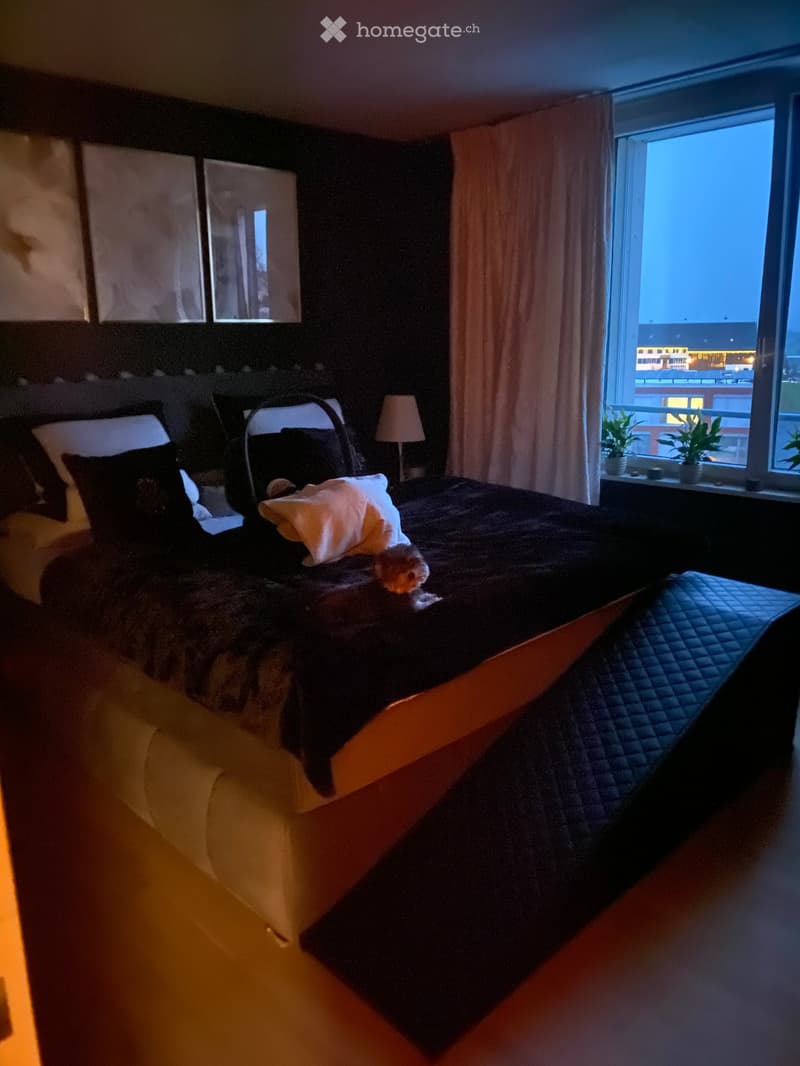 A cozy bedroom with a large bed, pillows, a blanket, a bedside lamp, and a window with curtains and plants on the sill.