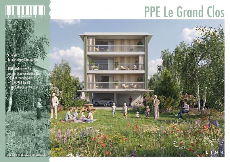 A modern two-story building with balconies, surrounded by a lush garden area with people relaxing and enjoying the space. The building features large windows and a contemporary design.