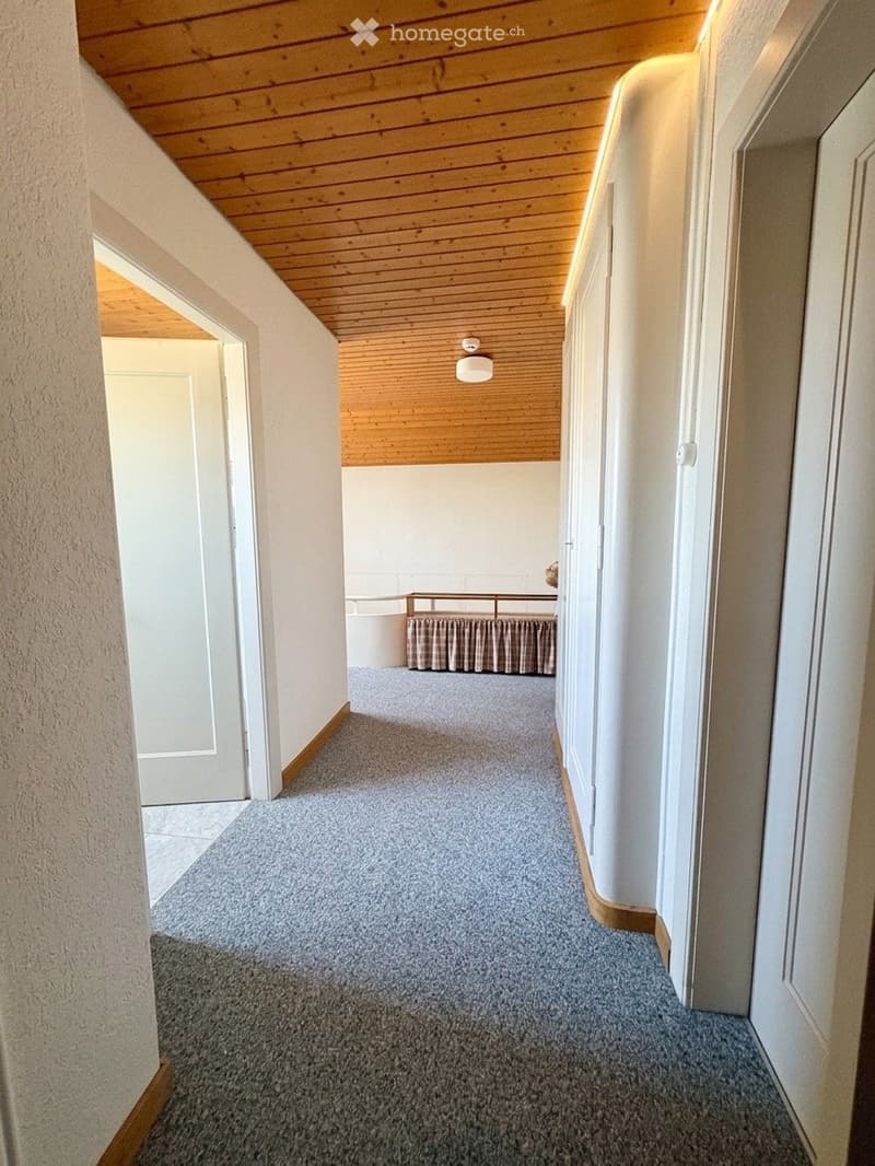 Carpeted hallway with wooden ceiling, white walls, and a small table with a curtain in the background.